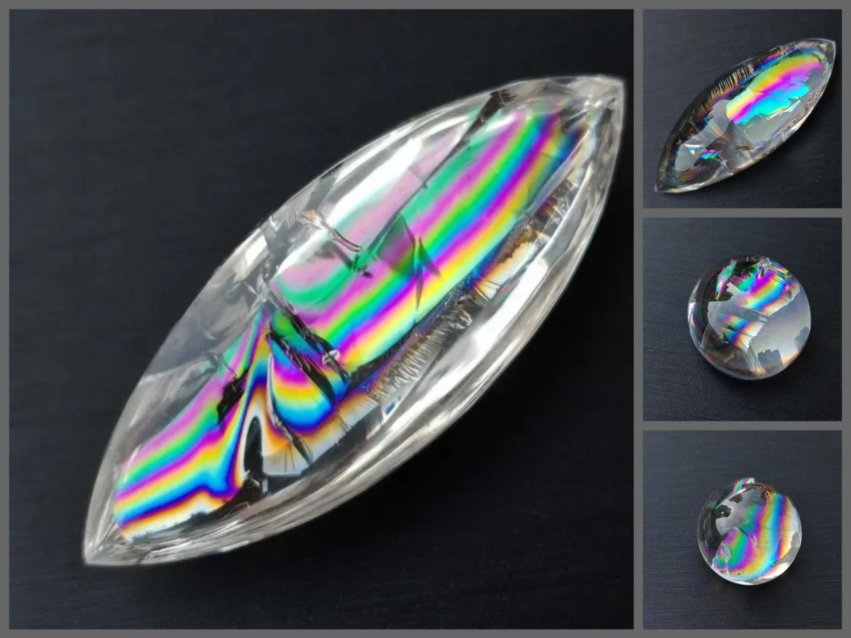 【透明度抜群】☆美虹入り☆天然水晶マーキス、ラウンドカボション