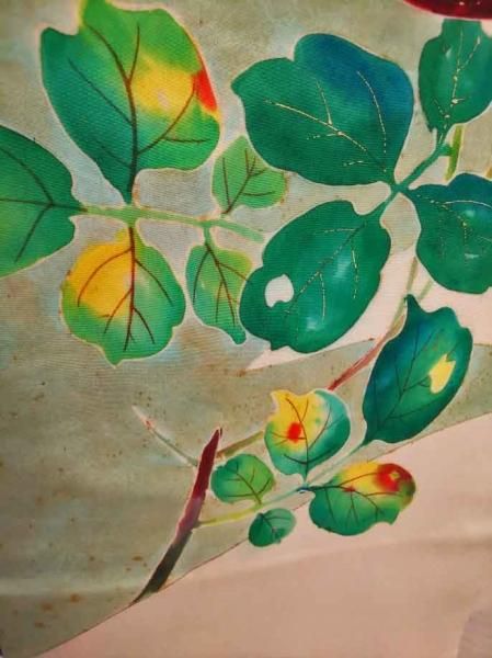 名古屋帯 正絹 手書き 塩瀬 迫力のあるお華 薔薇 K-9749