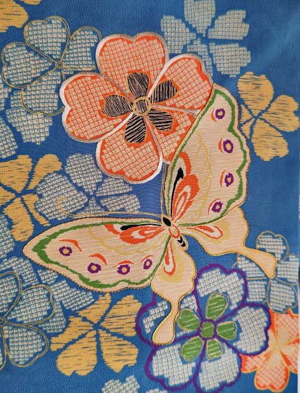 アンティーク仕立て替え・空色地桜と蝶刺繍入り名古屋帯 - はきもの・きもの 弥生