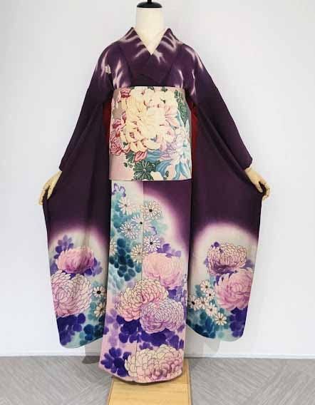 アンティーク振袖・ボルドー地染め分けに菊刺繍入り大正ロマン