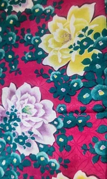 long＊花咲く小道＊未使用品 縮緬 紅型調 松竹梅 椿 茶屋辻