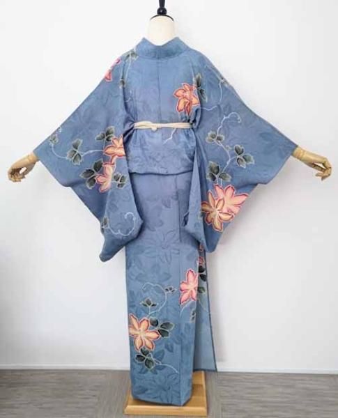 アンティーク単衣・青藤色地手描き鉄線透かし入りジョーゼット