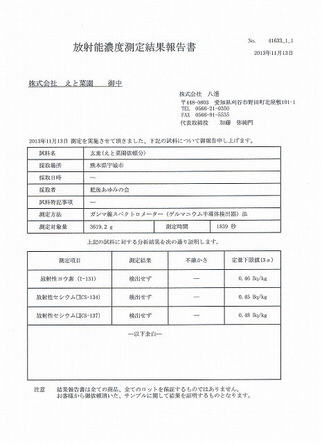 自然栽培米(熊本県宇城市)放射性物質検査