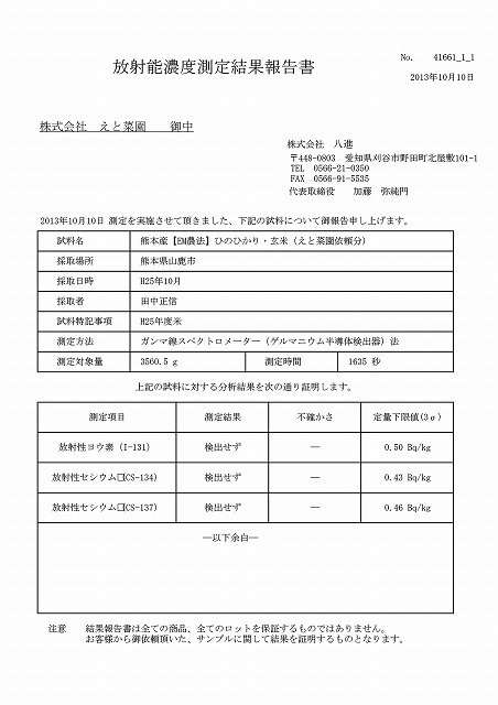 EM農法米ヒノヒカリ(熊本県山鹿市)放射性物質検査