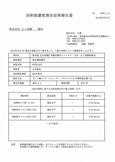 JAS有機合鴨米(熊本県阿蘇市)放射性物質検査