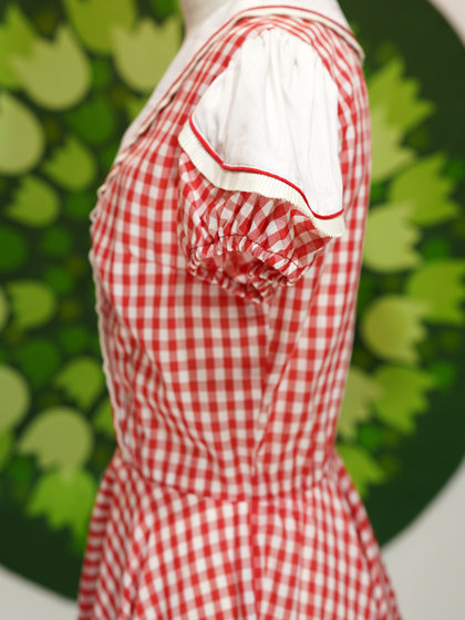 古着リメイク　ハンドメイド　赤白チェックフリル半袖ワンピース メイド服、赤タータンチェッククラシカルロングワンピースと薄