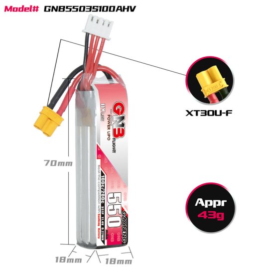 GNB 550mah 11.4V 3S 100C HV リポバッテリー XT30 Plug