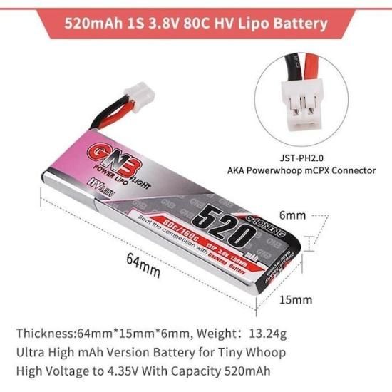 GNB 520mah 1S 3.8V Lipo Battery 80C HV LiHv バッテリー JST-PH2.0