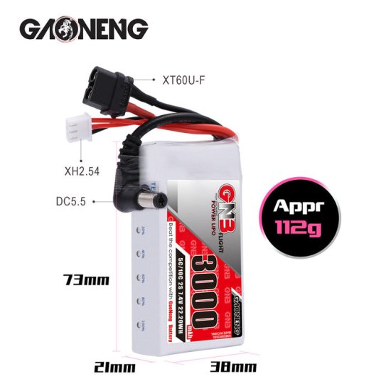 GNB GAONENG 3000mAh 2S LiPo Battery 7.4V 5C XT60 DC5.5 for Fat