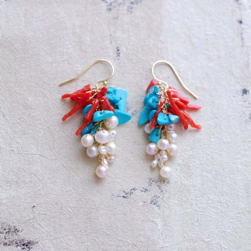 fusa : Coral & Turquoise & Pearl（earring）