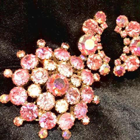 Pink Rhinestone Brooch & Earrings