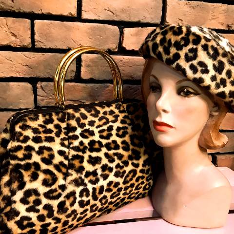 Leopard Fur Handbag & Beret Set