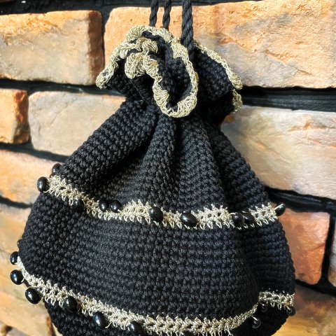 Black & Gold Crochet Drawstring Purse