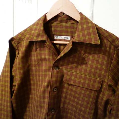 1950's Vintage Fabric, Brown Plaid Open Collar Shirt