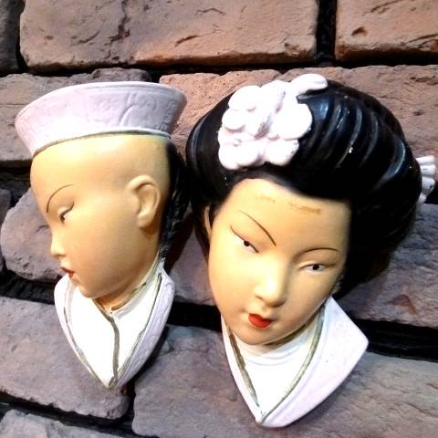Oriental Face Wall Deco Pair