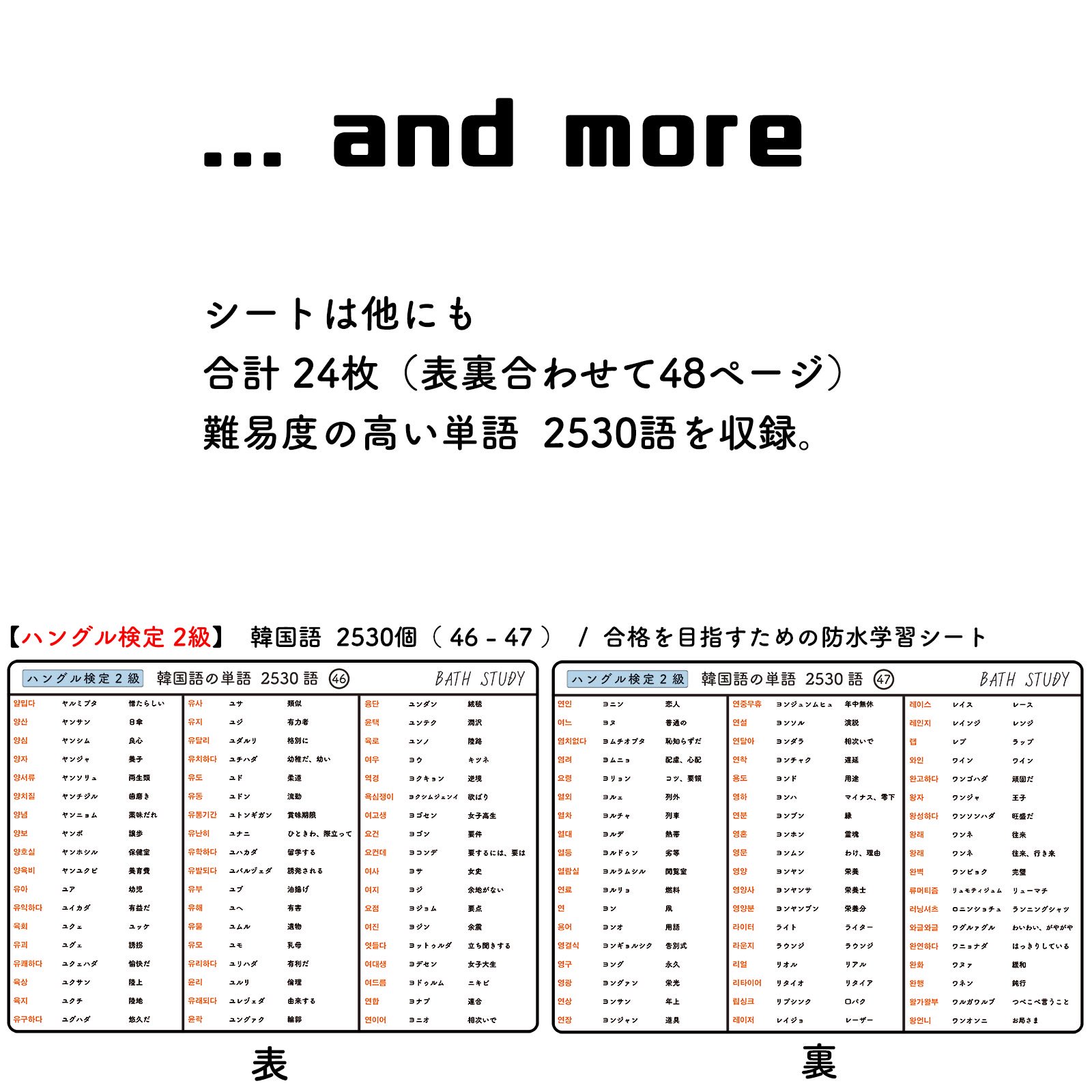 ハングル検定 2級 韓国語単語集  -  お風呂で学習 × 防水シート  ×24枚  韓流、ドラマ、映画の学習をサポート 