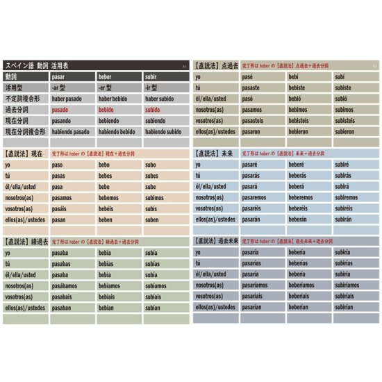 スペイン語 動詞活用表 お風呂で学習シート 基本活用に加え主要な不規則動詞36語を収録 複雑なスペイン語動詞の活用を表