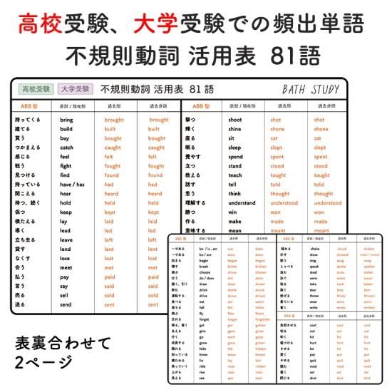 高校受験 大学受験 英単語の不規則動詞の活用表 81語 頻出単語 お風呂で学習 防水シート まとめ表