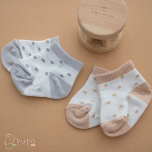 【メール便OK(02)】PUPO 赤ちゃんの靴下 ドット柄 新生児 グレー/ベージュ 7-9cm 日本製