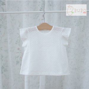 【メール便OK(03)】透かし編みが上品で可愛い フリル袖AラインTシャツ 80/90/100cm 日本製