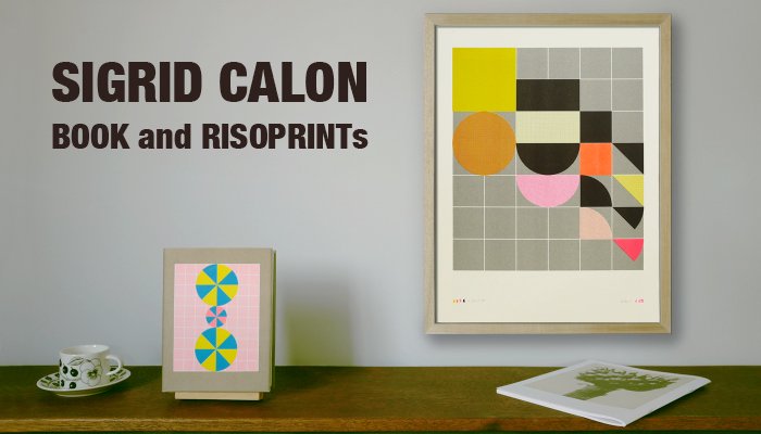 Sigrid Calon - Riso Works: Book & Prints　ー　オランダ・ティルブルグを拠点に活動するビジュアル・アーティスト、シグリッド・カロンは、日本で開発されたリソグラフを用いて制作を行っています。リソグラフという印刷機器の持つ特性、そして彼女が作ったルールに従って展開される高品質なオリジナルプリントと、このルールの説明書きの添えられた120種のプリントをまとめたアーティストブックが入荷となりました。リソグラフ特有の雰囲気、そしてカロンの幾何学と色彩の組み合わせによるインスピレーションに満ちた楽しく美しい作品をぜひこの機会に！。