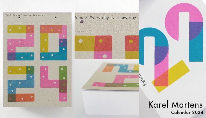 カレル・マルテンス - Karel Martens【Calendar 2024 / Every Day Is a New Day】  オランダを代表するデザイナー、マルテンスによる2024年版日めくりカレンダー。もともとあった活版印刷用の金属版を組み合わせた、1年分（365点）の数字がデザインされています。カレンダーとしてだけでなく、作品を閲覧いただく書籍としても楽しめる一冊です。