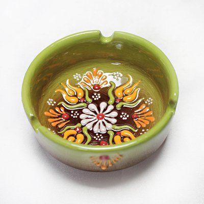 トルコ☆キュタフヤ陶器の手描き灰皿(小)　ニメットさん作　イエローグリーン＆ブラウン