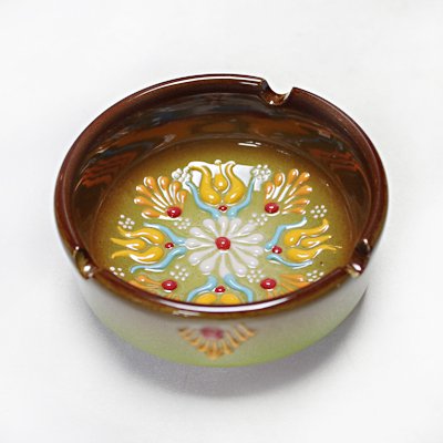 トルコ☆キュタフヤ陶器の手描き灰皿(小)　ニメットさん作　ブラウン＆イエローグリーン