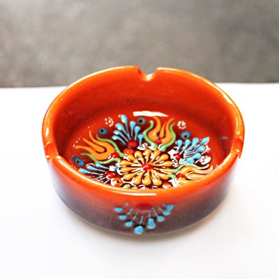 トルコ☆キュタフヤ陶器の手描き灰皿(小)　ニメットさん作　オレンジ＆ブラウン