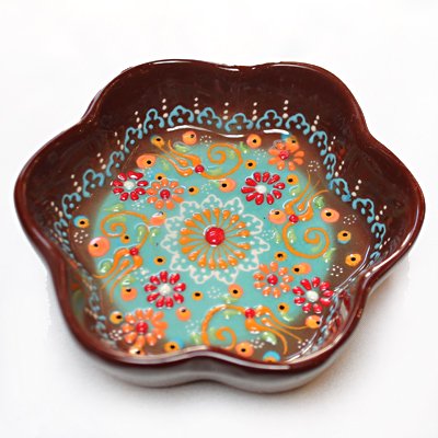 トルコ☆キュタフヤ陶器の花型浅皿ナザールボウル　ニメットさん作　S　ブラウン＆ターコイズグリーン