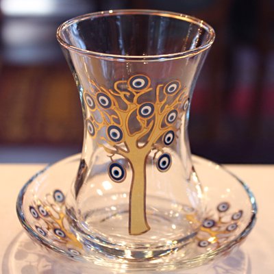 トルコのチャイグラス＆ソーサー　ネイビー＆ゴールドナザールツリー
