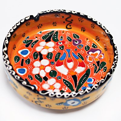 キュタフヤ陶器の手描き灰皿(大)　チューリップ＆カーネーション　イエロー＆オレンジ