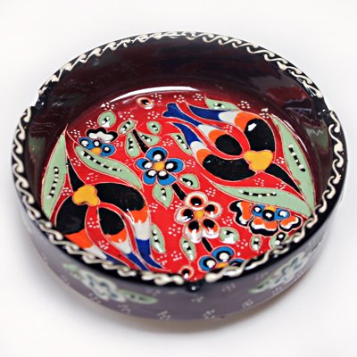 キュタフヤ陶器の手描き灰皿(大)　チューリップ＆カーネーション　ブラウン＆レッド