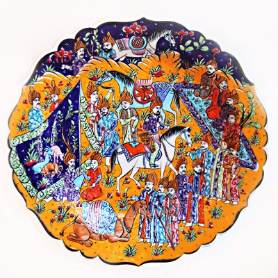 トルコ☆キュタフヤ陶器の平絵皿　L　オレンジ　王様と人々・馬