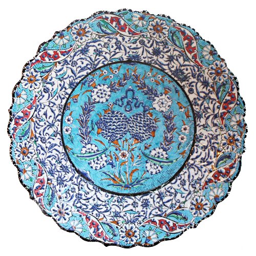 トルコ☆キュタフヤ陶器の平絵皿　L　ターコイズ＆ネイビーフラワー　ホワイトカーネーション