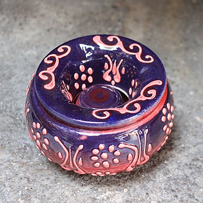 トルコ☆キュタフヤ陶器の蓋付き灰皿(小)　パープル＆コーラルレッド