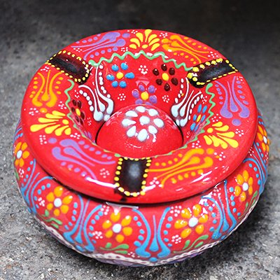 トルコ☆キュタフヤ陶器の蓋付き灰皿(大)　レッド＆ターコイズブルー