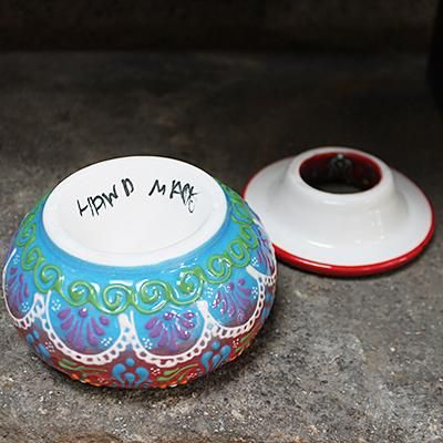 トルコ☆キュタフヤ陶器の蓋付き灰皿(大) レッド＆ターコイズ