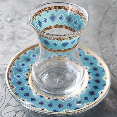トルコのチャイグラス＆ソーサーセット　ターコイズブルー×ゴールド