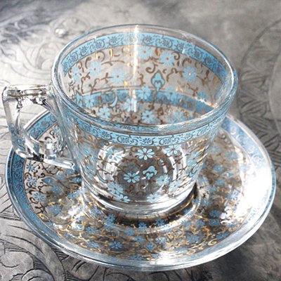 トルコのガラス製コーヒーカップ＆ソーサー　ターコイズフラワー
