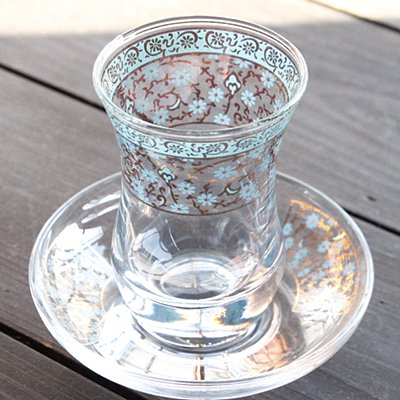 トルコのチャイグラス＆ソーサーセット　ターコイズ×ゴールド小花