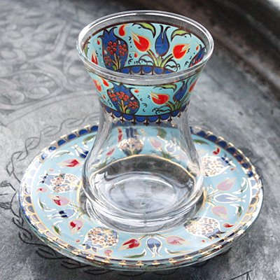 トルコのチャイグラス＆ソーサーセット　ターコイズ　ブルー・レッドチューリップ