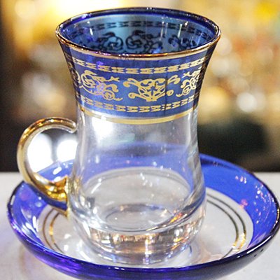 トルコのチャイグラス＆ソーサーセット ネイビー＆ゴールドライン 