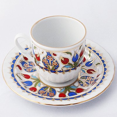 トルコ☆キュタフヤ陶器のコーヒーカップ＆ソーサー　ネイビー・レッド　チューリップ