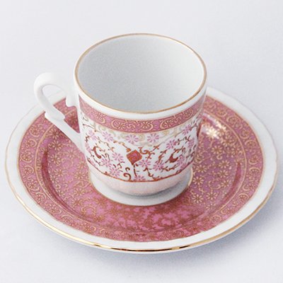 トルコ☆キュタフヤ陶器のコーヒーカップ＆ソーサー　ピンク・ゴールド　小花