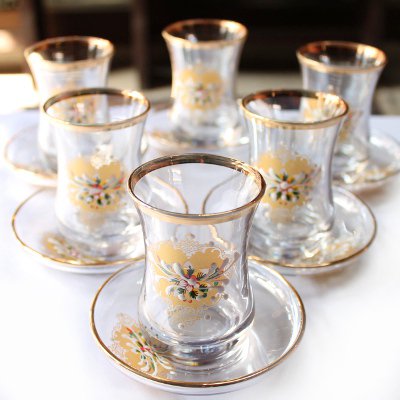 トルコのチャイグラス＆ソーサー【6客セット】　クリア＆ゴールド　装飾