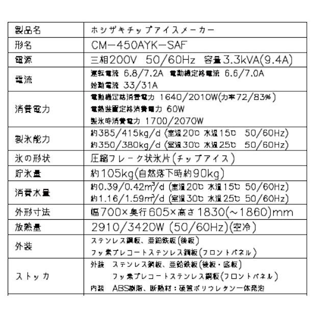 製氷機 ホシザキ CM-450AYK-1-SAF チップアイス 空水冷式 ３相200V