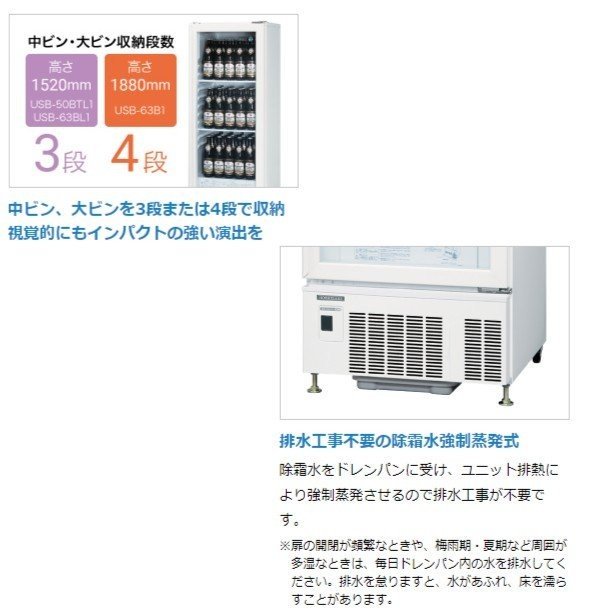 ホシザキ 小形冷蔵ショーケース USB-63D-L 左開き扉 冷蔵ショーケース 業務用冷蔵庫 ユニット下置きタイプ スイング扉 除霜水強制蒸発式