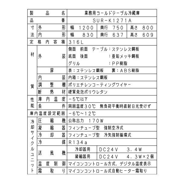 SUR-K1271SB パナソニック 冷蔵 コールドテーブル 1Φ100V インバーター