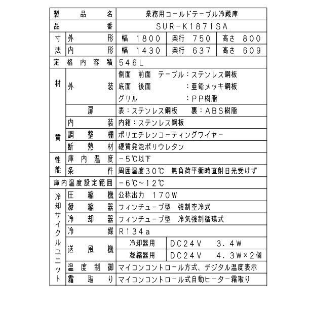 SUR-K1871SB パナソニック 冷蔵 コールドテーブル 1Φ100V インバーター